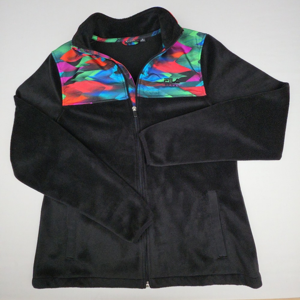 FILA Sport Full Zip Fleece Jacket Womens Medium Black Geometric Polyester